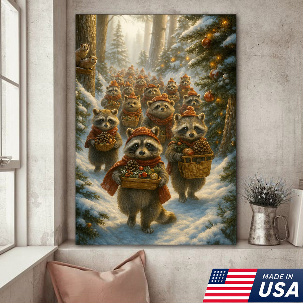 Raccoon Christmas Parade Canvas – Cozy Winter Woodland Wall Art