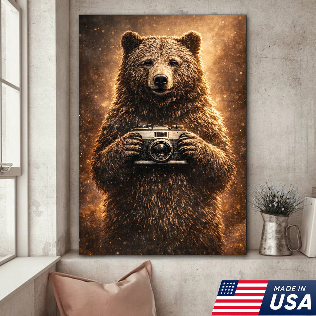 Funny Bear Photographer Wall Art Canvas – Rustic Wildlife Camera Canvas Print Decor