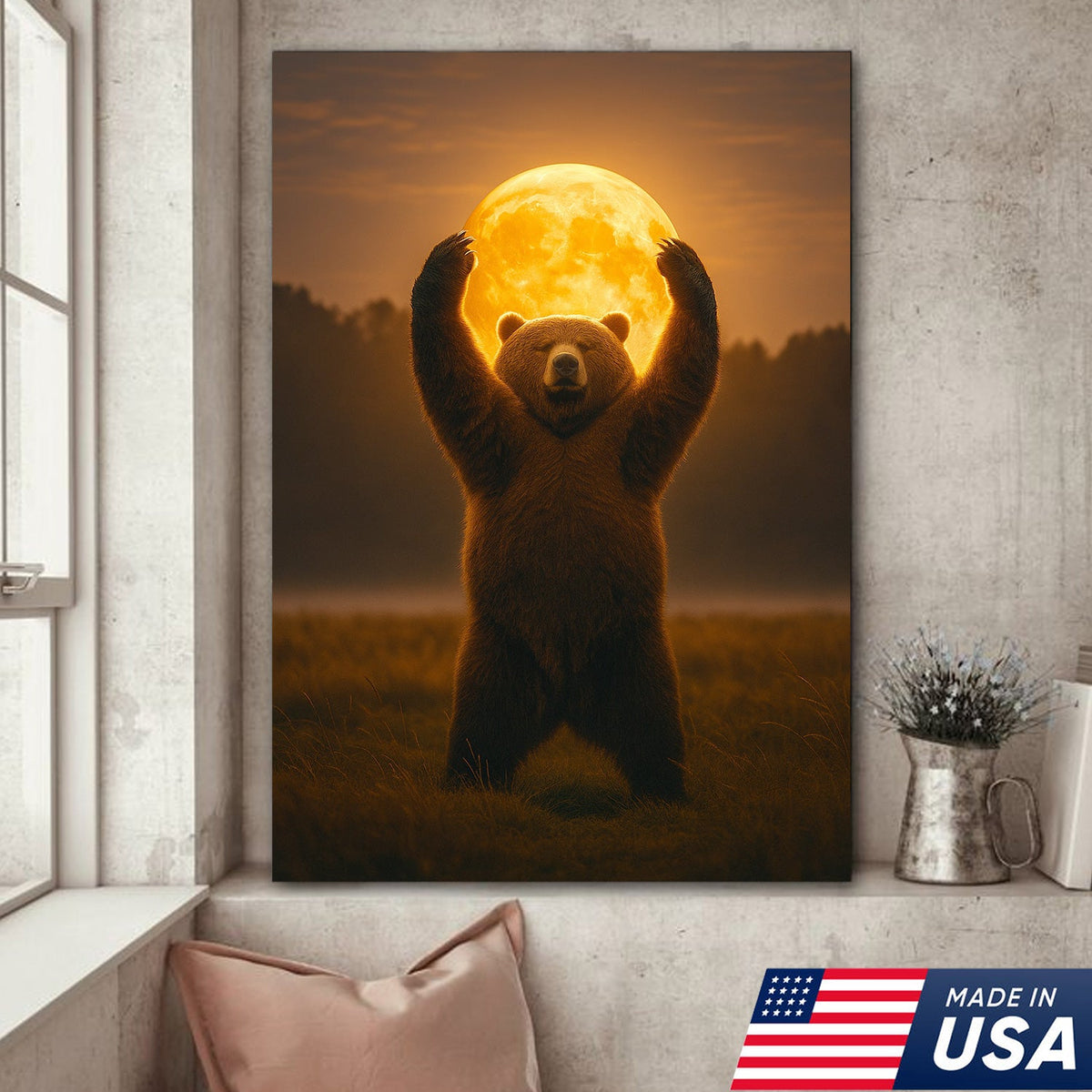 Bear Holding the Full Moon Wall Art Canvas – Mystical Wildlife Decor for Cabin & Nature Lovers