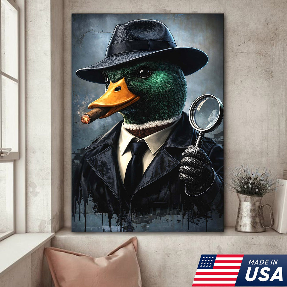 Noir Detective Duck Canvas Wall Art, Cinematic Animal Portrait Painting