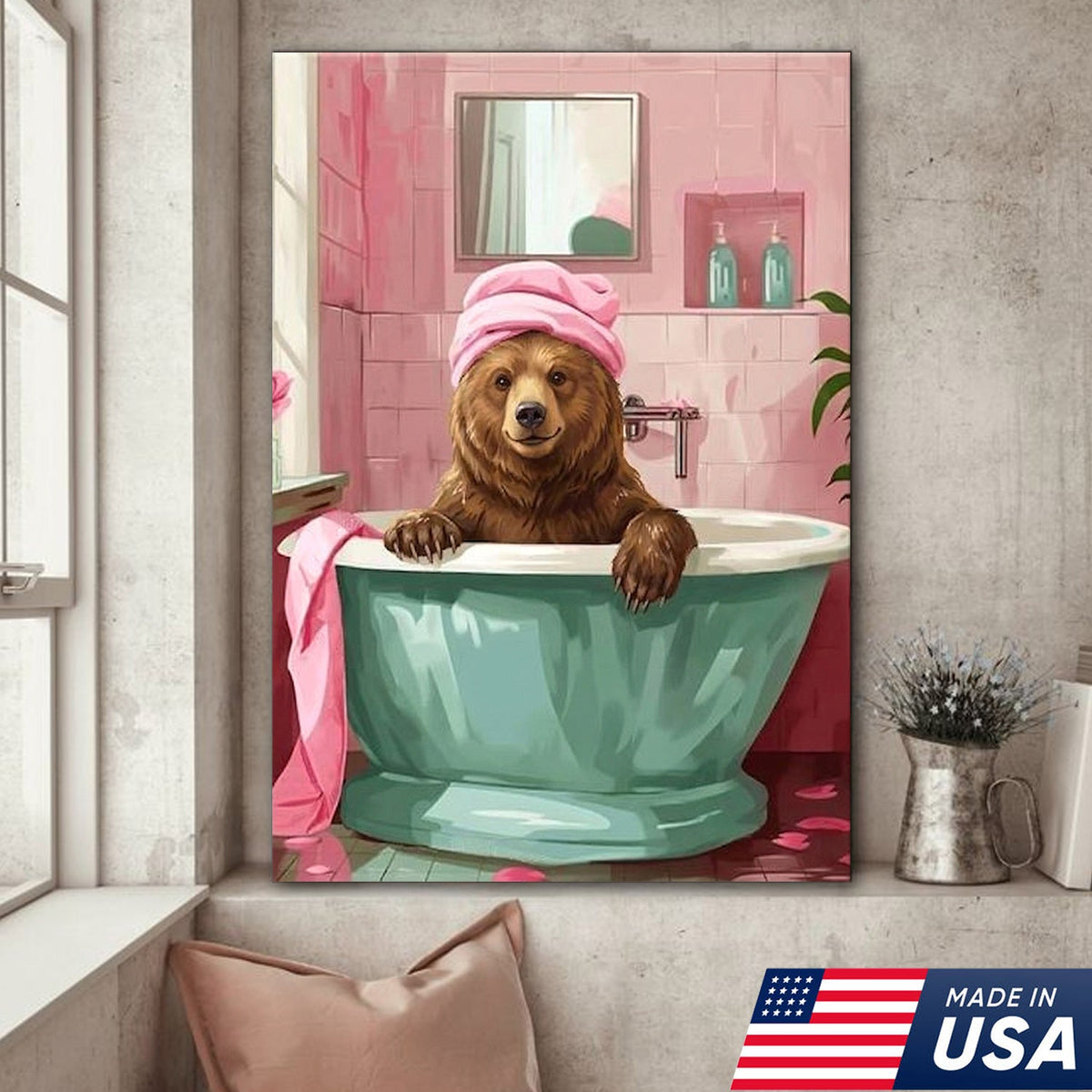 Funny Bear Bathroom Wall Art, Cute Bath Bear Canvas, Pink Bathroom Decor