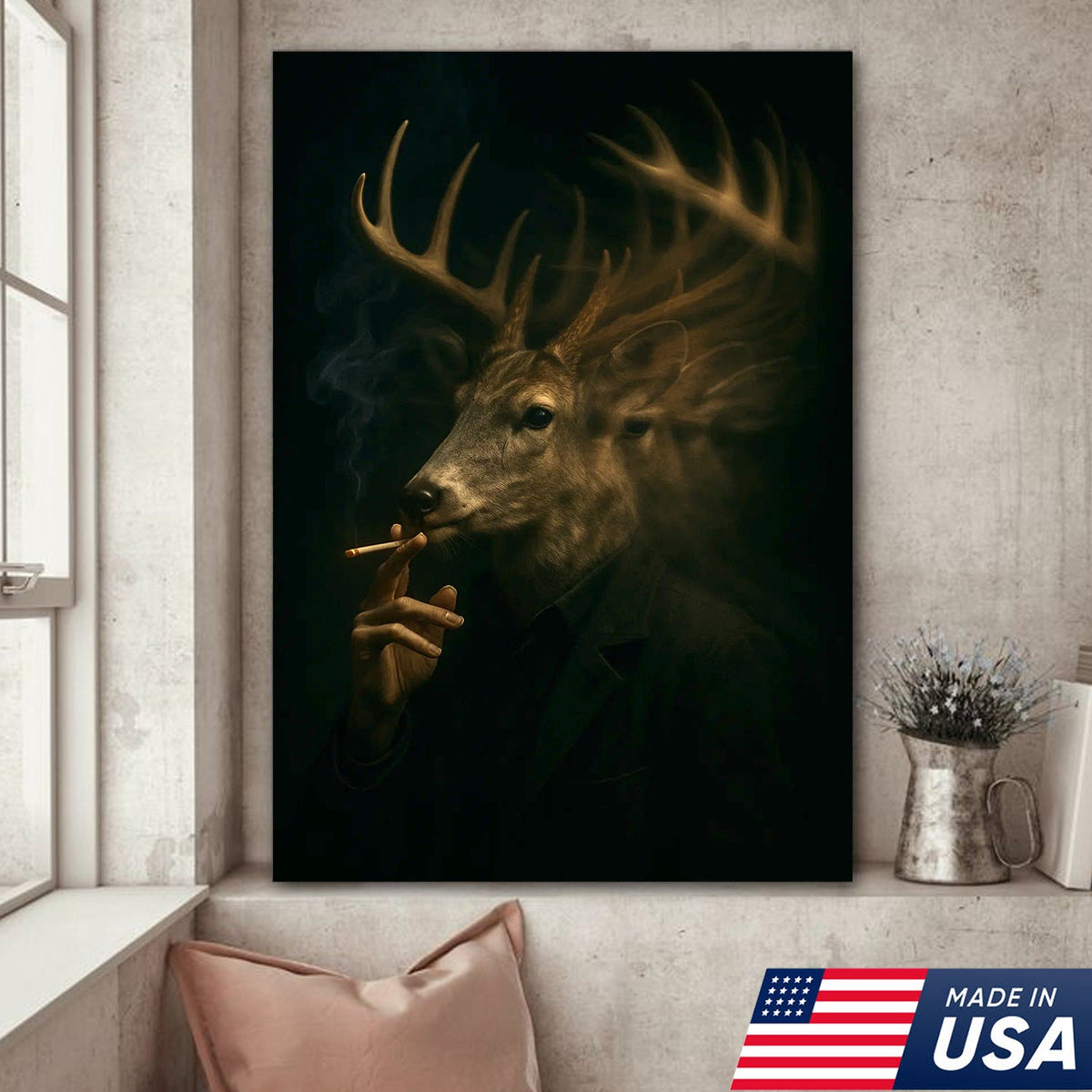Majestic Deer Canvas Wall Art - Mysterious Stag Portrait with Surreal Motion Effect