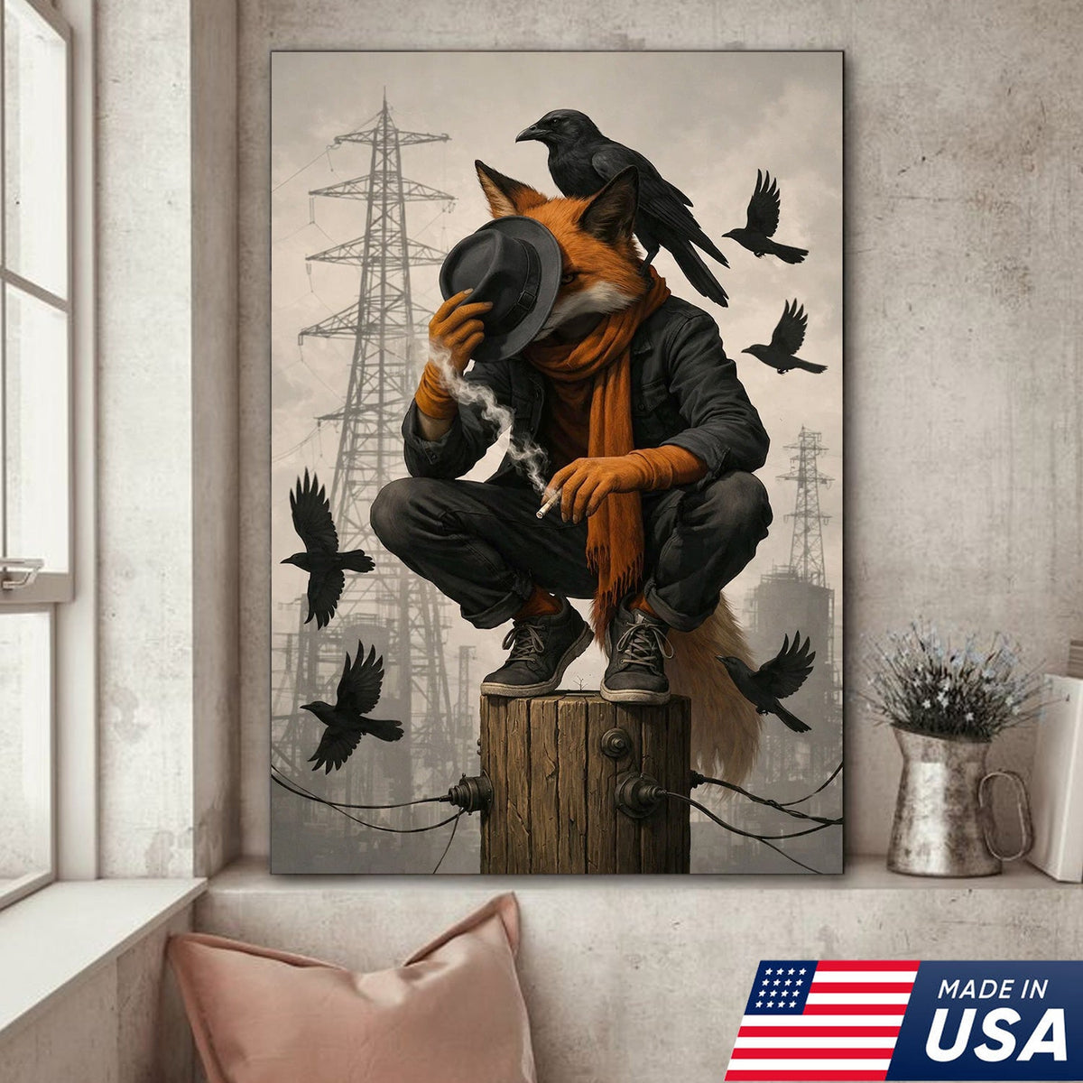 Urban Fox and Raven Canvas Wall Art, Industrial Fantasy Fox Illustration