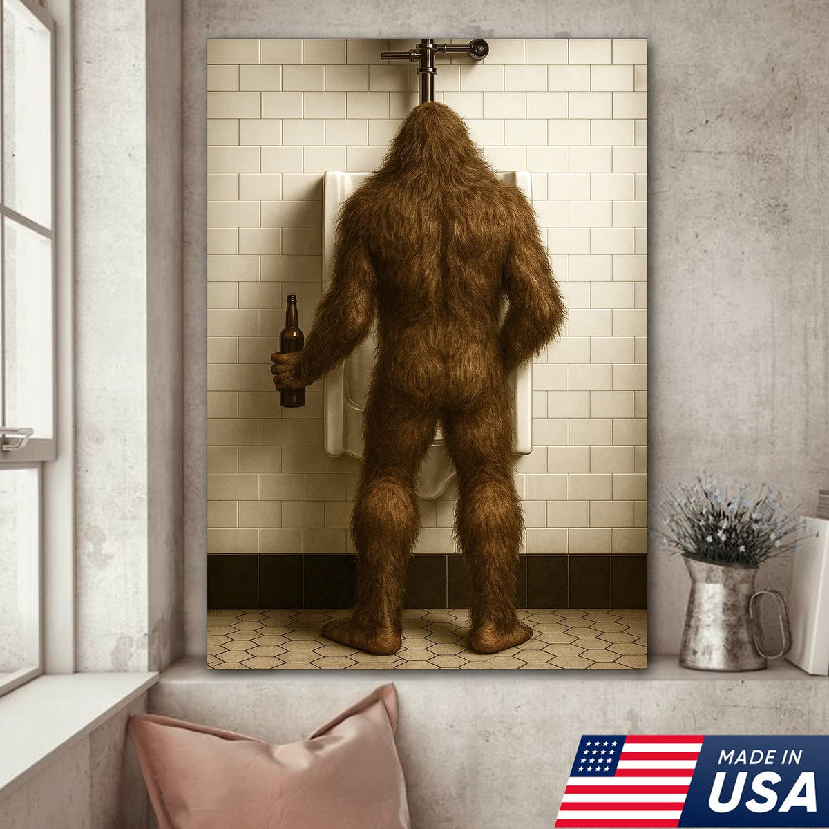 Bigfoot Funny Canvas Wall Art – Hilarious Bathroom Humor Decor – Rustic Cabin Gag Gift