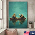 Whimsical Bear Fishing Canvas Wall Art, Surreal Animal Friendship Painting