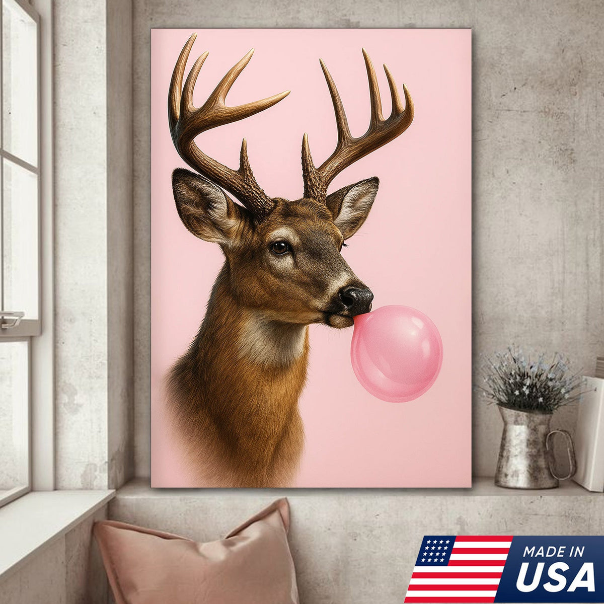 Funny Deer Blowing Bubblegum Wall Art – Modern Animal Canvas Print for Living Room