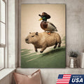 Whimsical Cowboy Duck Riding Capybara Canvas Wall Art, Surreal Animal Adventure Painting
