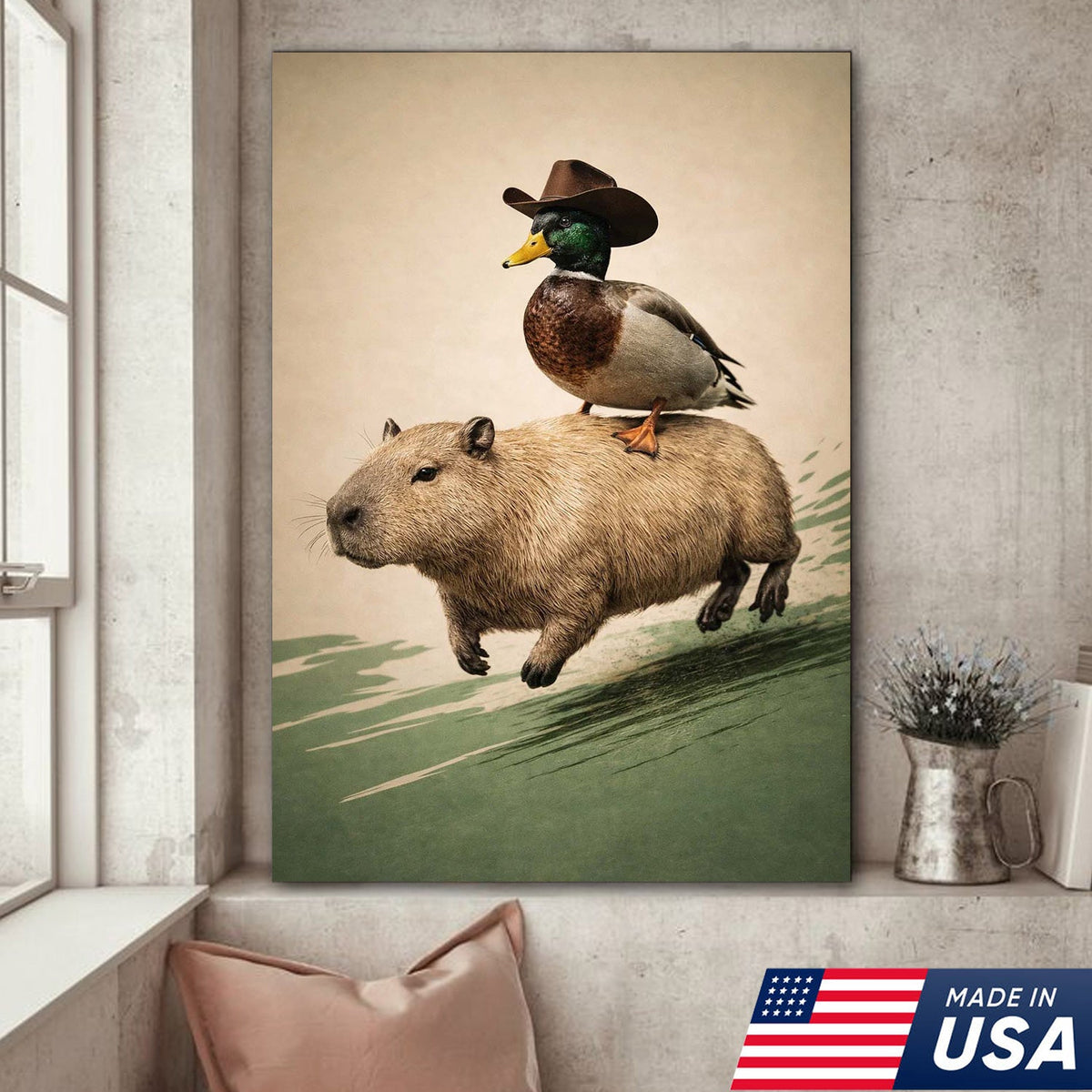 Whimsical Cowboy Duck Riding Capybara Canvas Wall Art, Surreal Animal Adventure Painting