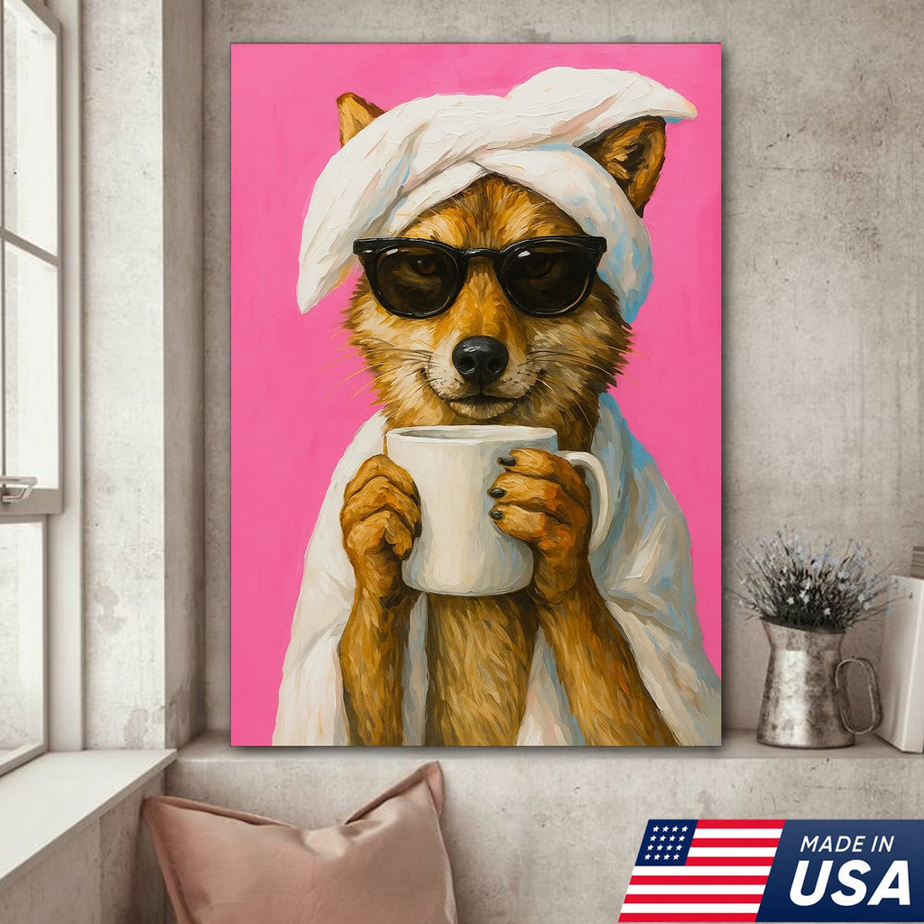 Funny Fox Drinking Coffee Wall Art – Modern Animal Canvas Print for Kitchen