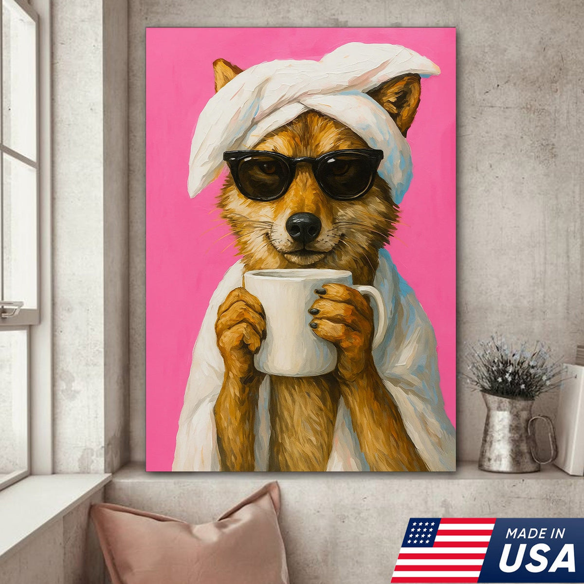 Funny Fox Drinking Coffee Wall Art – Modern Animal Canvas Print for Kitchen