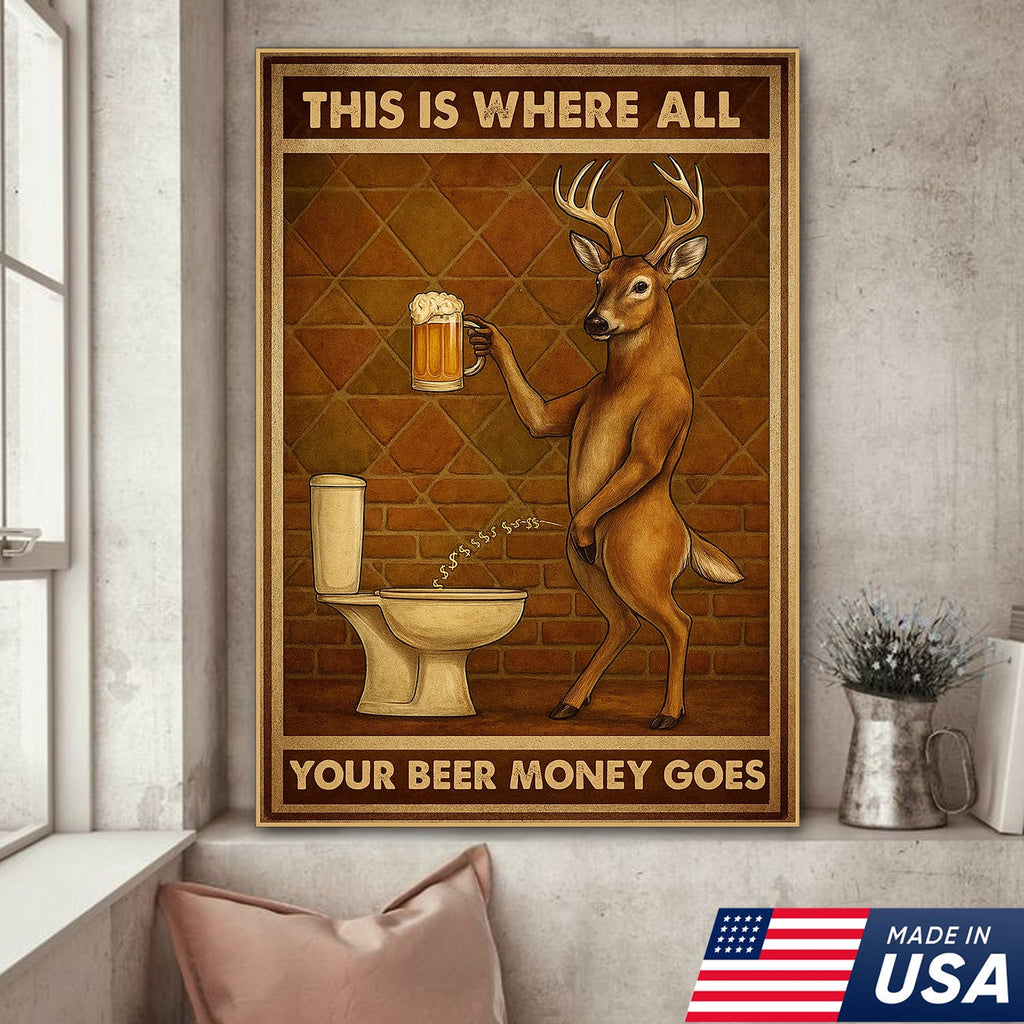 Funny Deer Beer Canvas Wall Art – Rustic Hunting Lodge Bar Decor Gift for Hunters & Beer Lovers