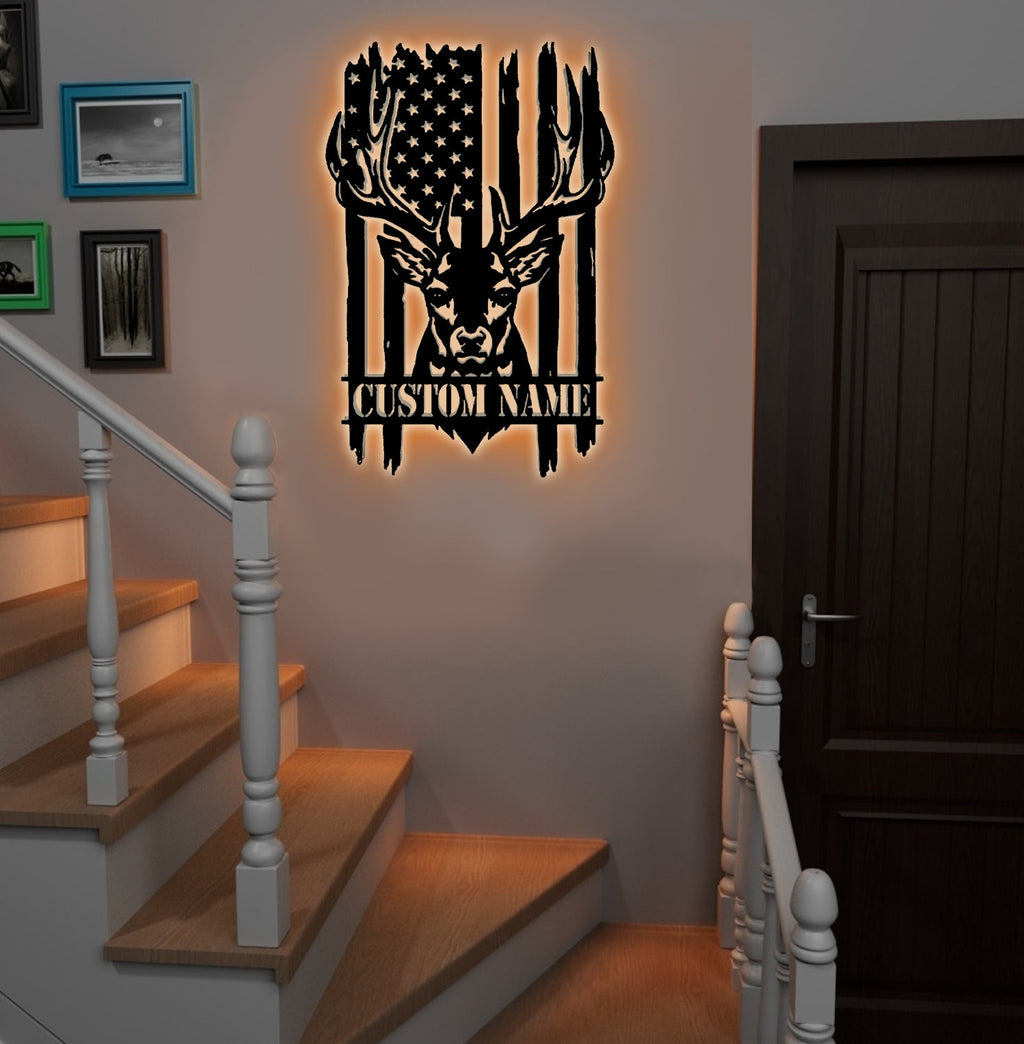 Personalized Vertical American Flag Deer Hunting Metal Sign WITH LED/WITHOUT LED Light Rustic Lodge Wall Decor