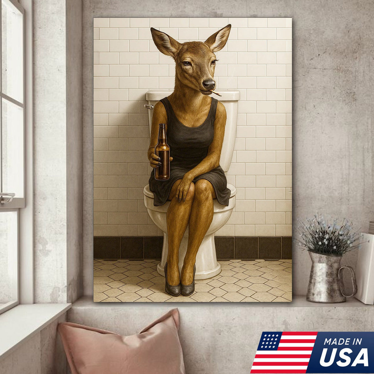 Funny Doe Canvas Wall Art – Hilarious Bathroom Humor Decor – Rustic Cabin Lodge Gag Gift