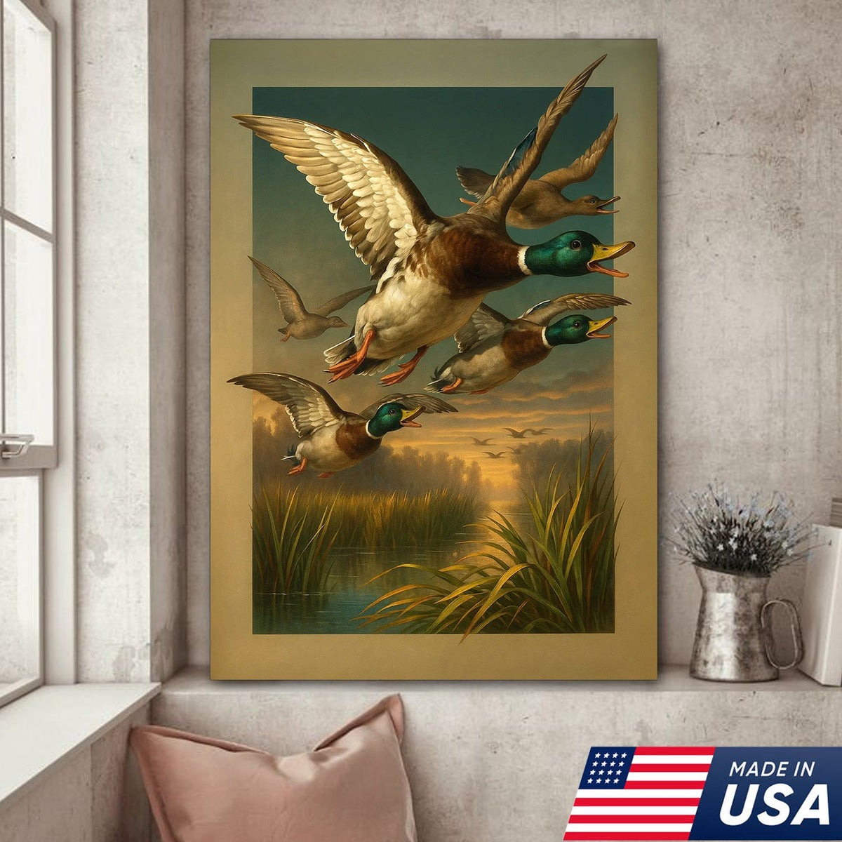 Mallard Ducks Flying Over Marsh Wall Art – Vintage Wildlife Canvas Print