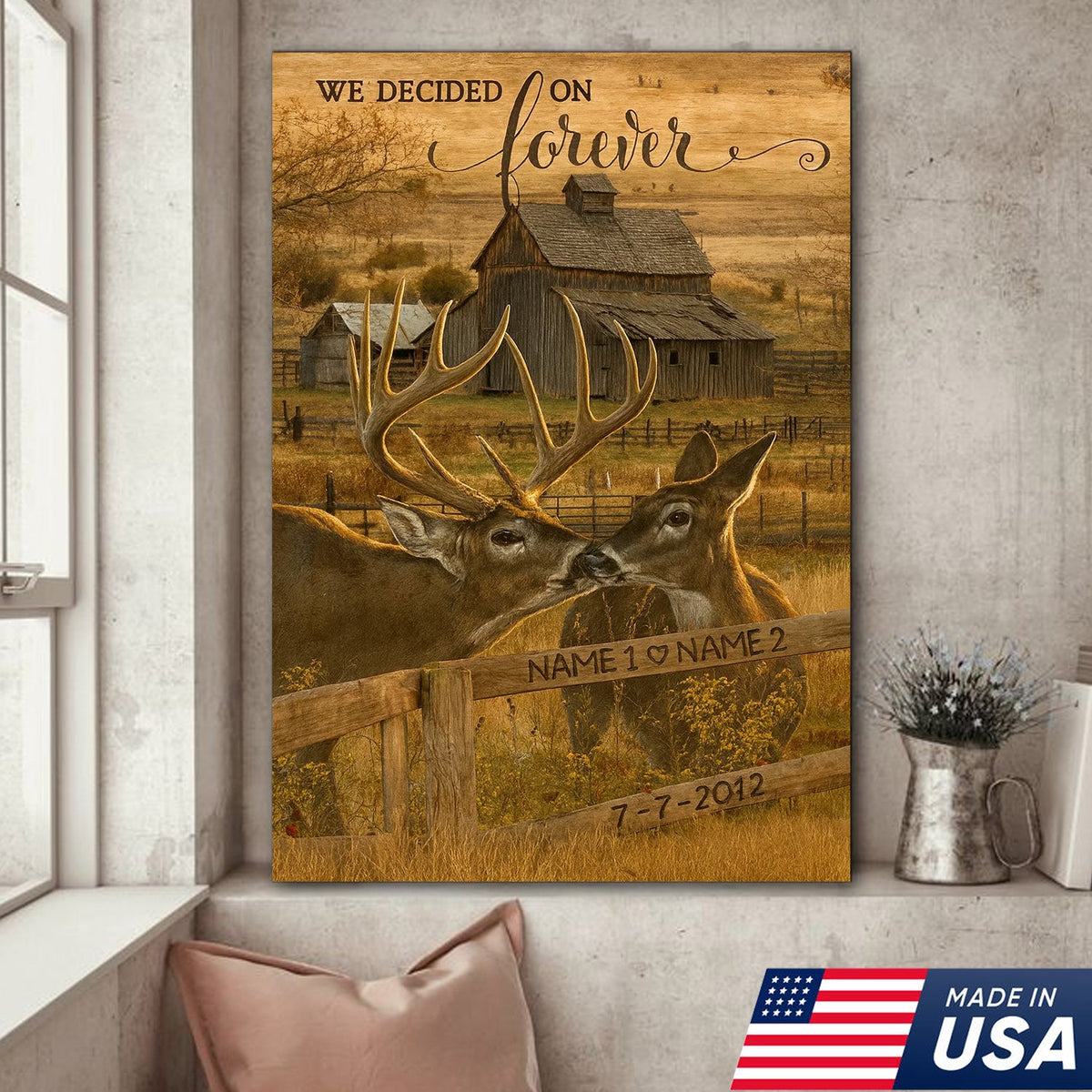 Rustic Deer Couple Canvas Art – Personalized Farmhouse Buck & Doe Kissing Scene