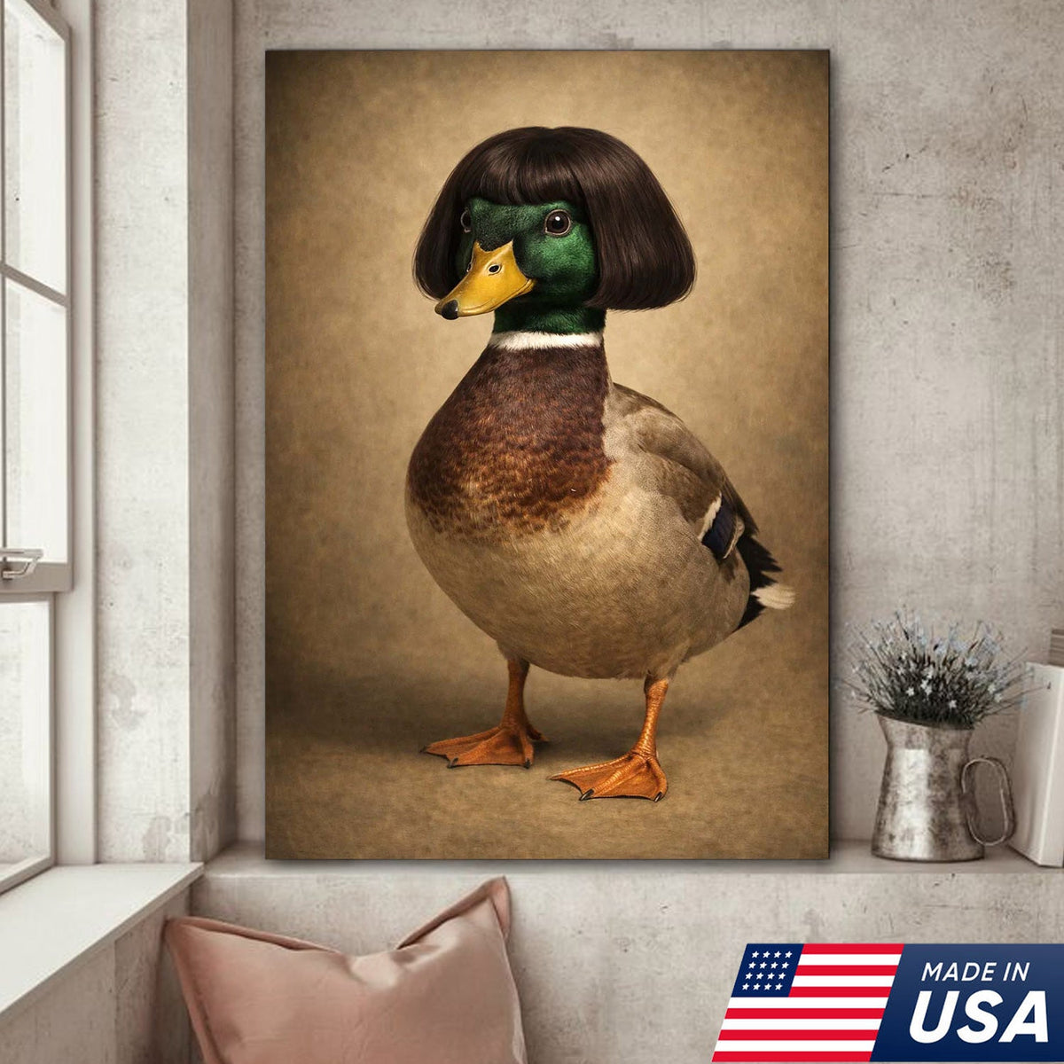 Whimsical Duck Portrait Canvas Wall Art, Funny Animal Character Illustration