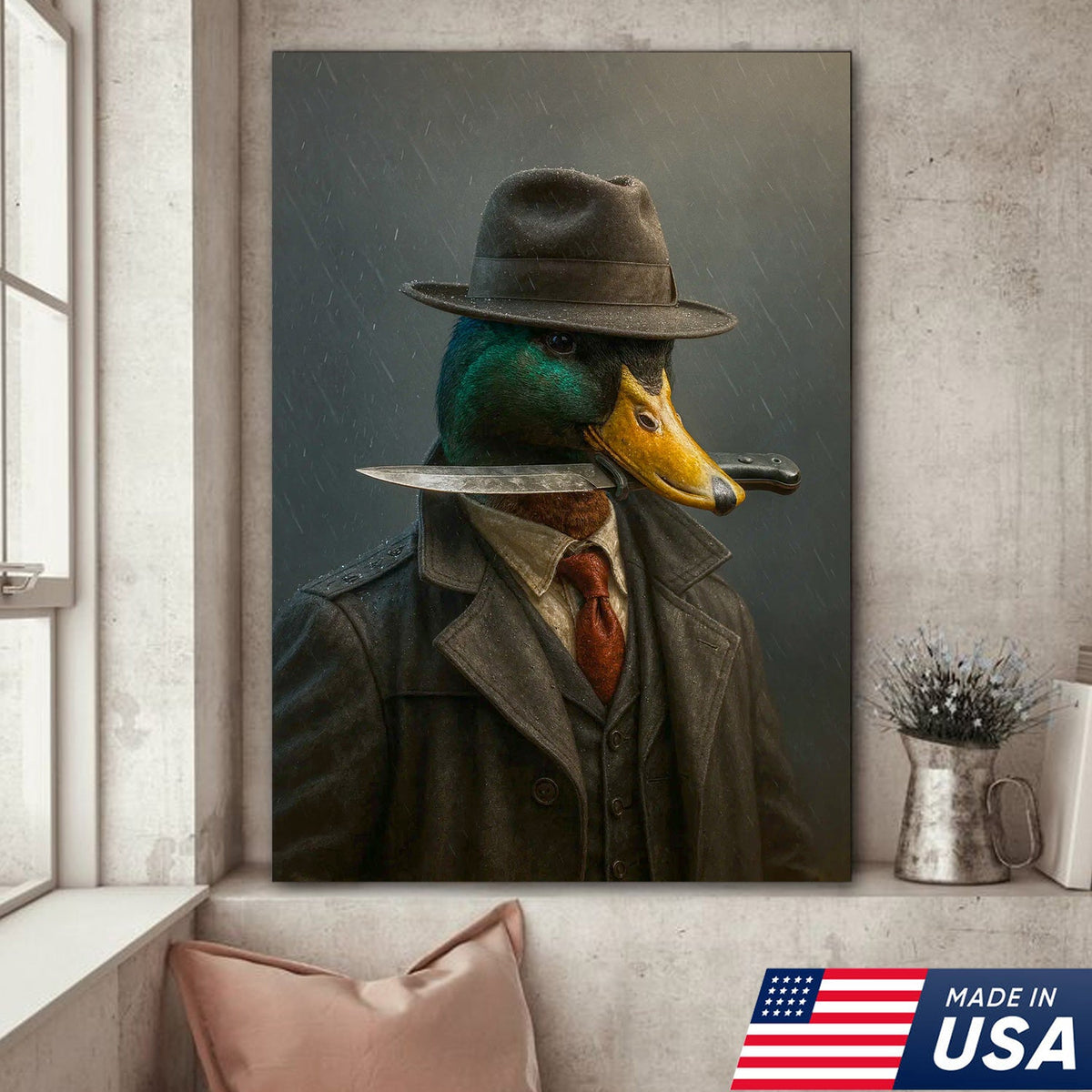 Gangster Duck Canvas – Mafia Mallard with Knife, Vintage Boss Wall Art for Man Cave & Bar Decor