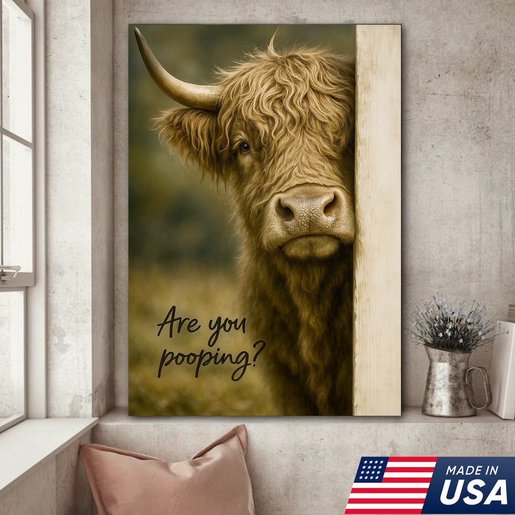 Highland Cow Bathroom Wall Art, Funny “Are You Pooping?” Farmhouse Canvas