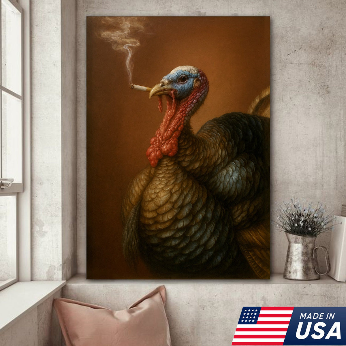 Funny Turkey Smoking Canvas Wall Art – Rustic Farmhouse Gift for Hunters & Wildlife Lovers