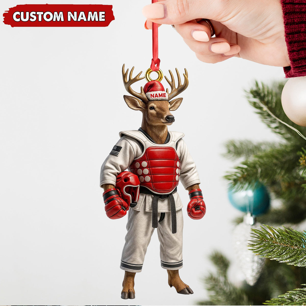 Custom Name Deer Karate Ornament, Taekwondo Christmas Gift Decor