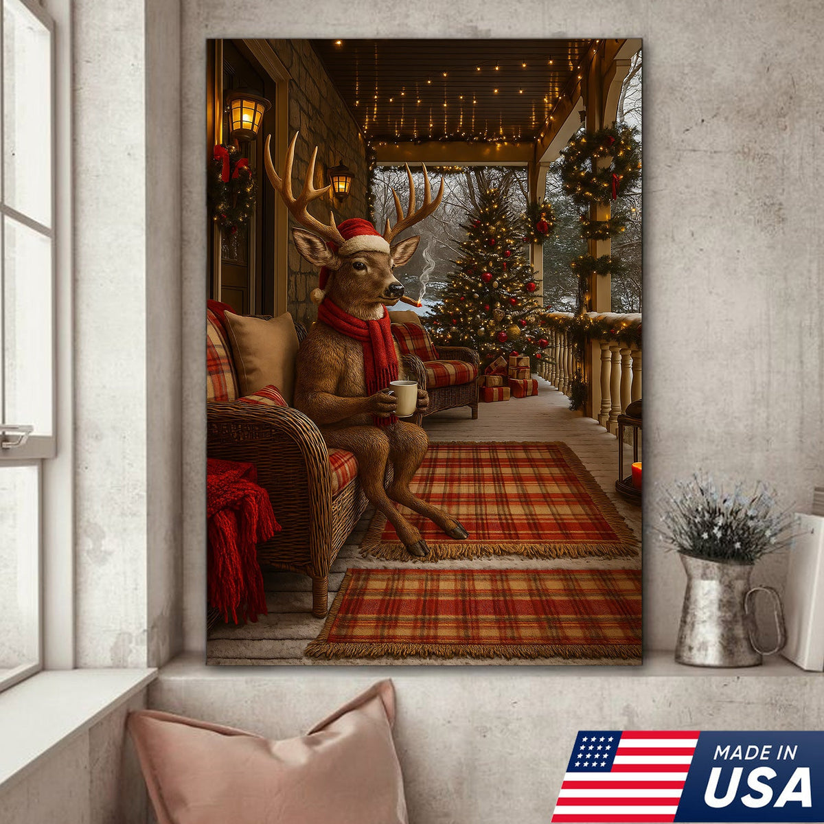 Christmas Deer Porch Canvas Wall Art, Cozy Cabin Reindeer With Scarf Holiday Print