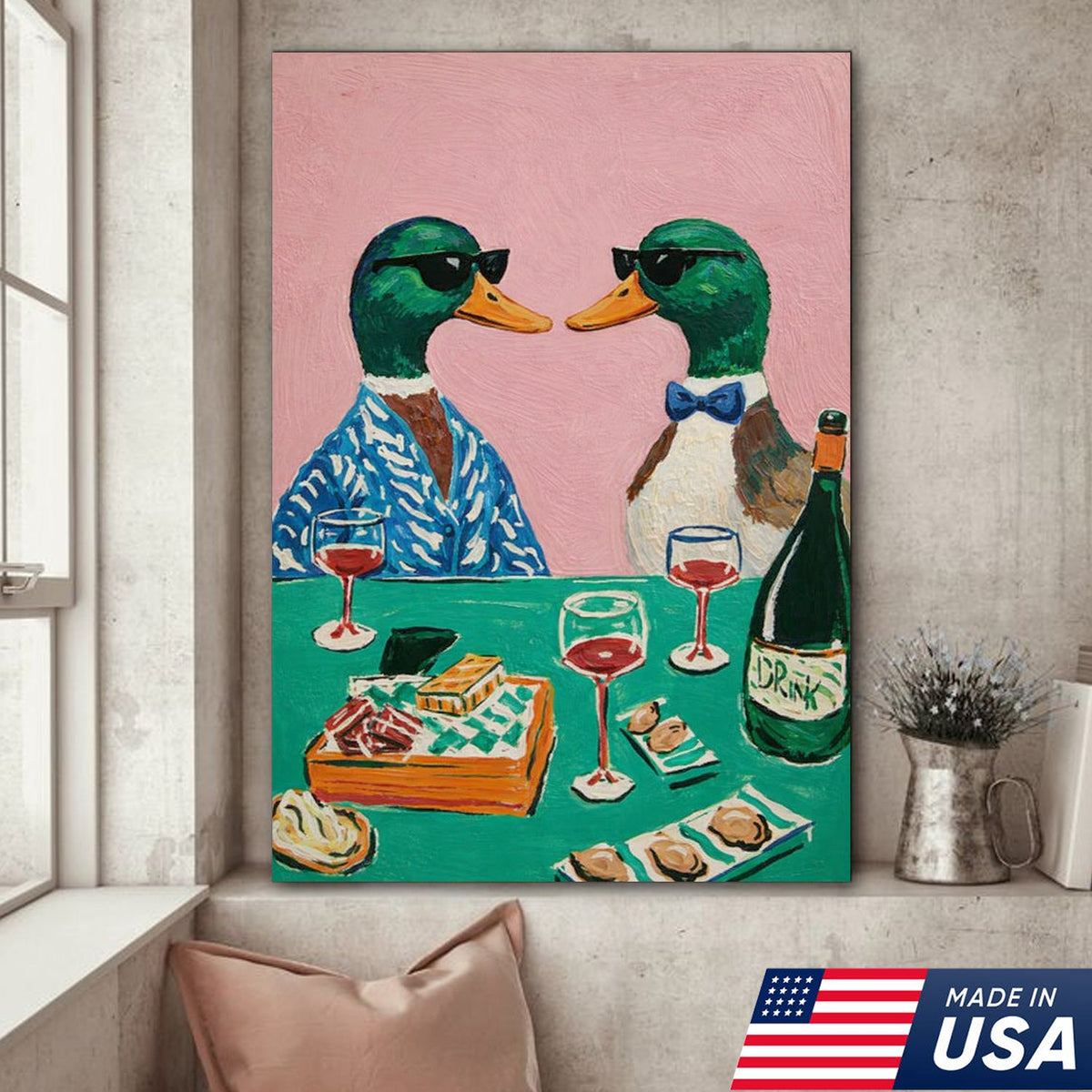 Funny Duck Canvas Wall Art – Classy Ducks Drinking Wine Painting