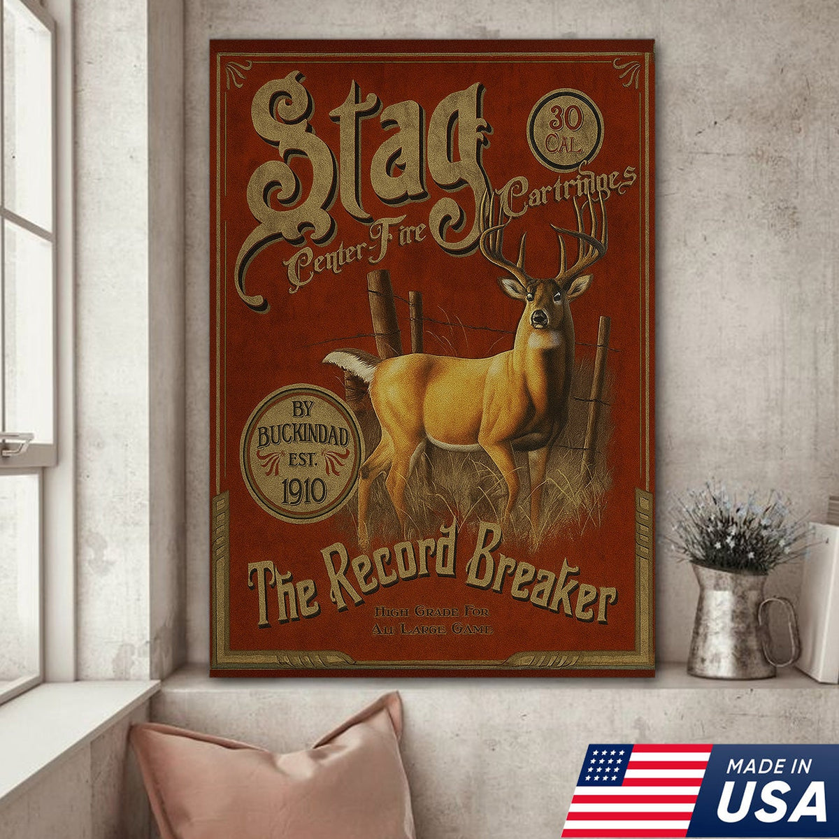 Vintage Stag Hunting Sign Canvas – “The Record Breaker” Deer Canvas Wall Art, Rustic Lodge Cabin Decor