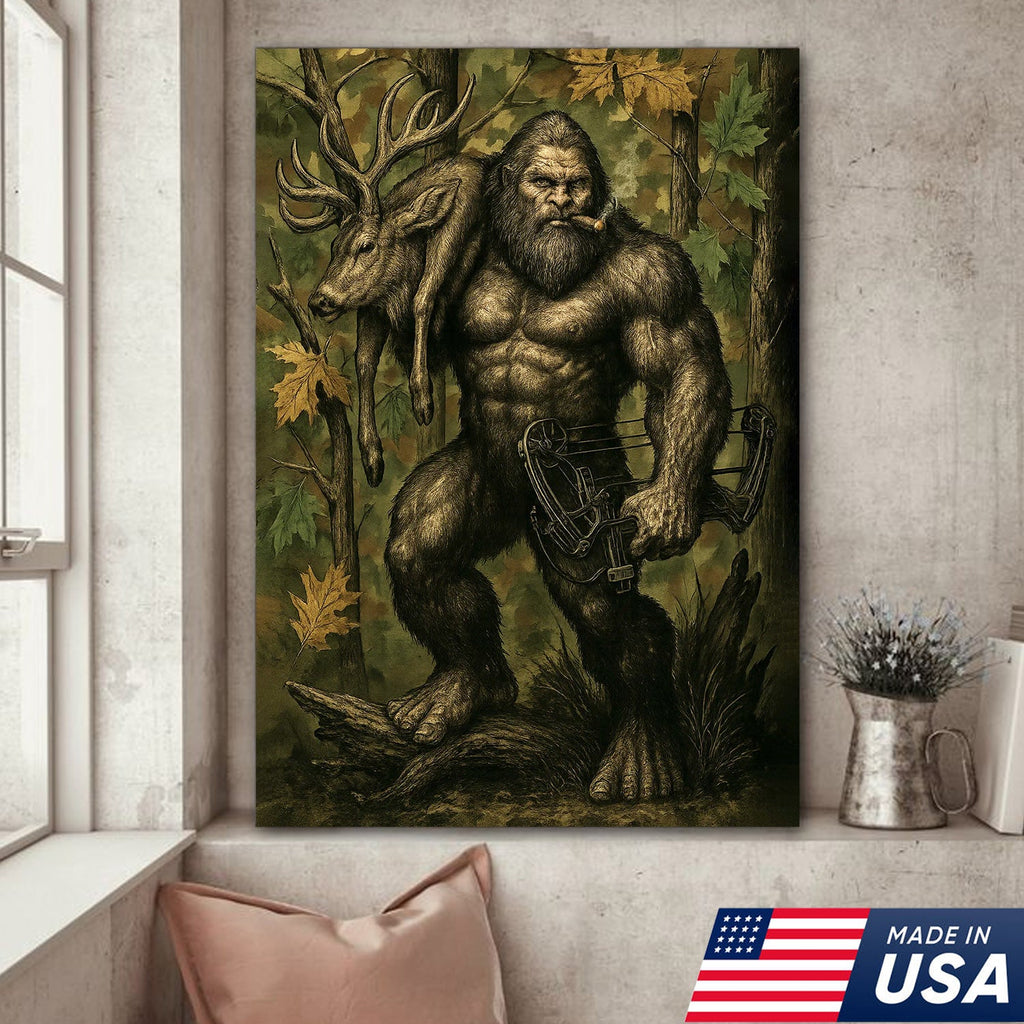 Bigfoot Hunter Canvas Wall Art, Mythical Sasquatch Bowhunting Deer Artwork