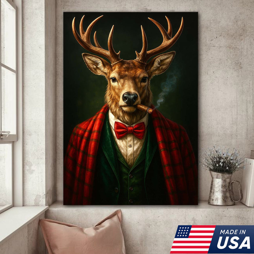 Smoking Deer Wall Art, Gentleman Buck Portrait, Rustic Cabin Decor, Funny Cigar Deer Print