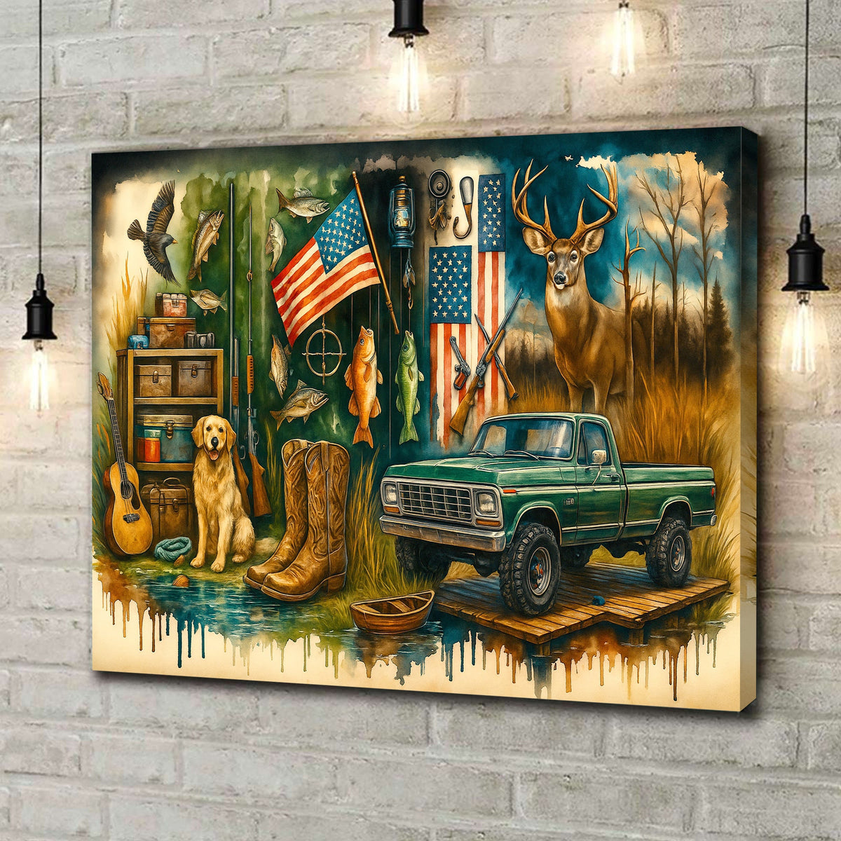 Country Boy Canvas Wall Art, Rustic Hunting and Fishing Scene with Truck, Dog, Deer, and American Flag