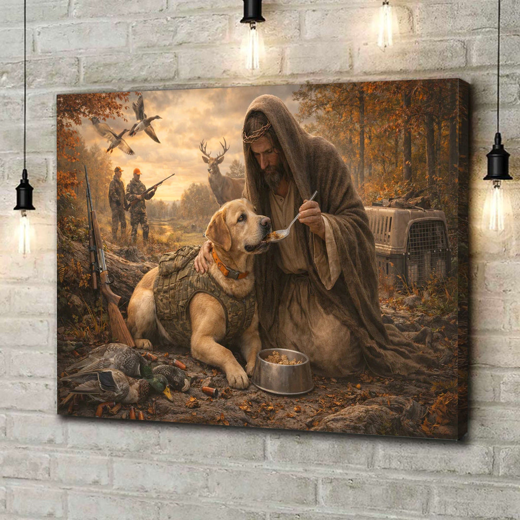 Jesus Hunting Dog Canvas, Christian Hunter Wall Art, Faith Outdoor Decor