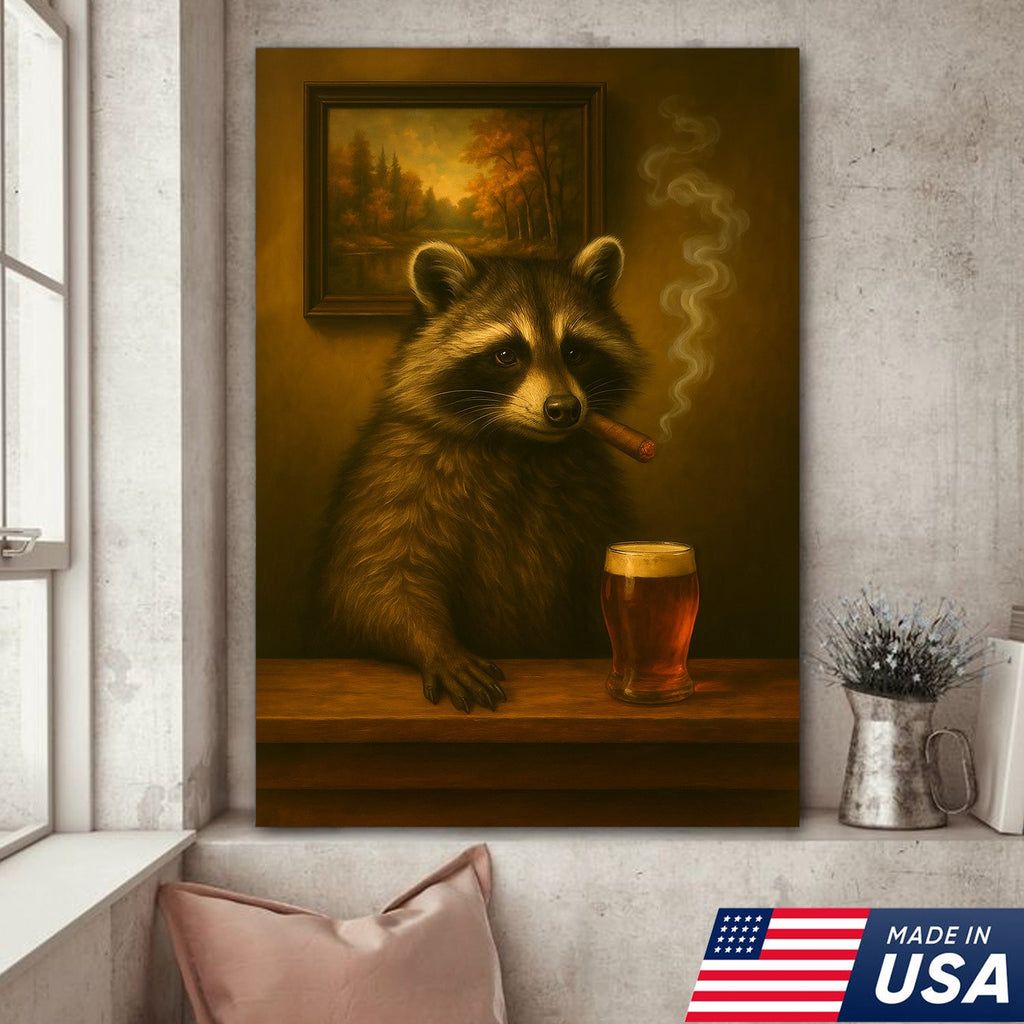 Funny Raccoon Bar Canvas Wall Art – Rustic Lodge Man Cave Décor with Beer & Smoking Humor