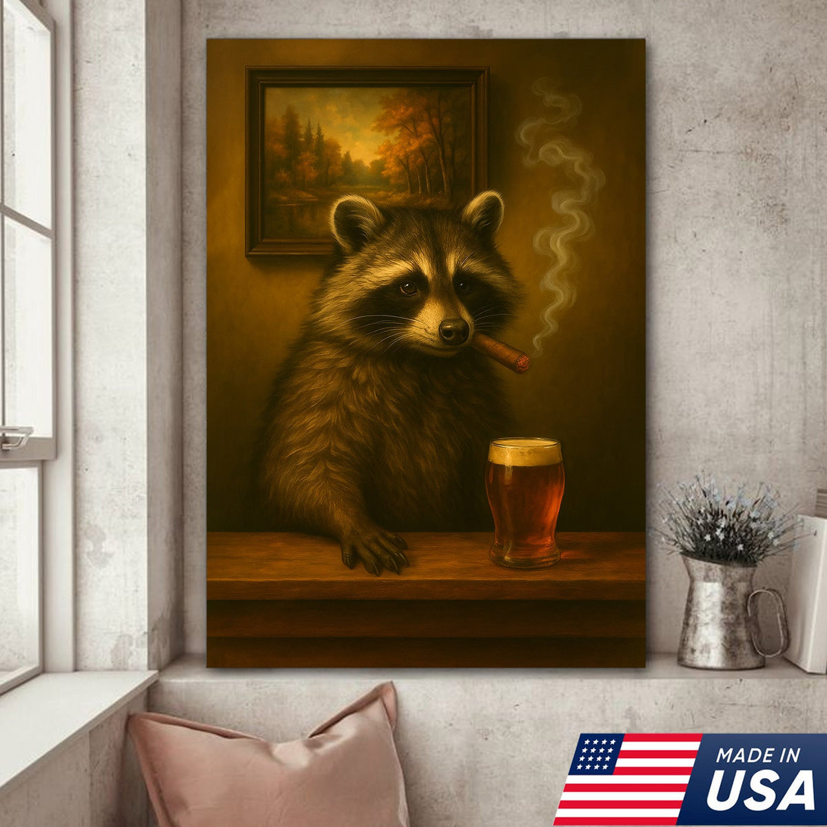 Funny Raccoon Bar Canvas Wall Art – Rustic Lodge Man Cave Décor with Beer & Smoking Humor