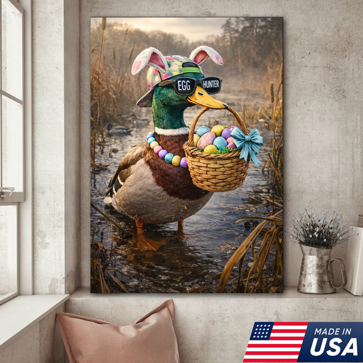 Funny Easter Duck Canvas Wall Art, Egg Hunter Mallard with Basket Portrait