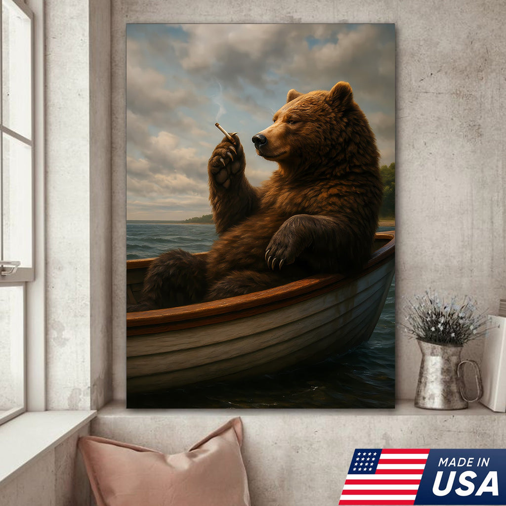 The Chill Bear on the Boat Wall Art Canvas – Funny Relaxed Wall Art for Men
