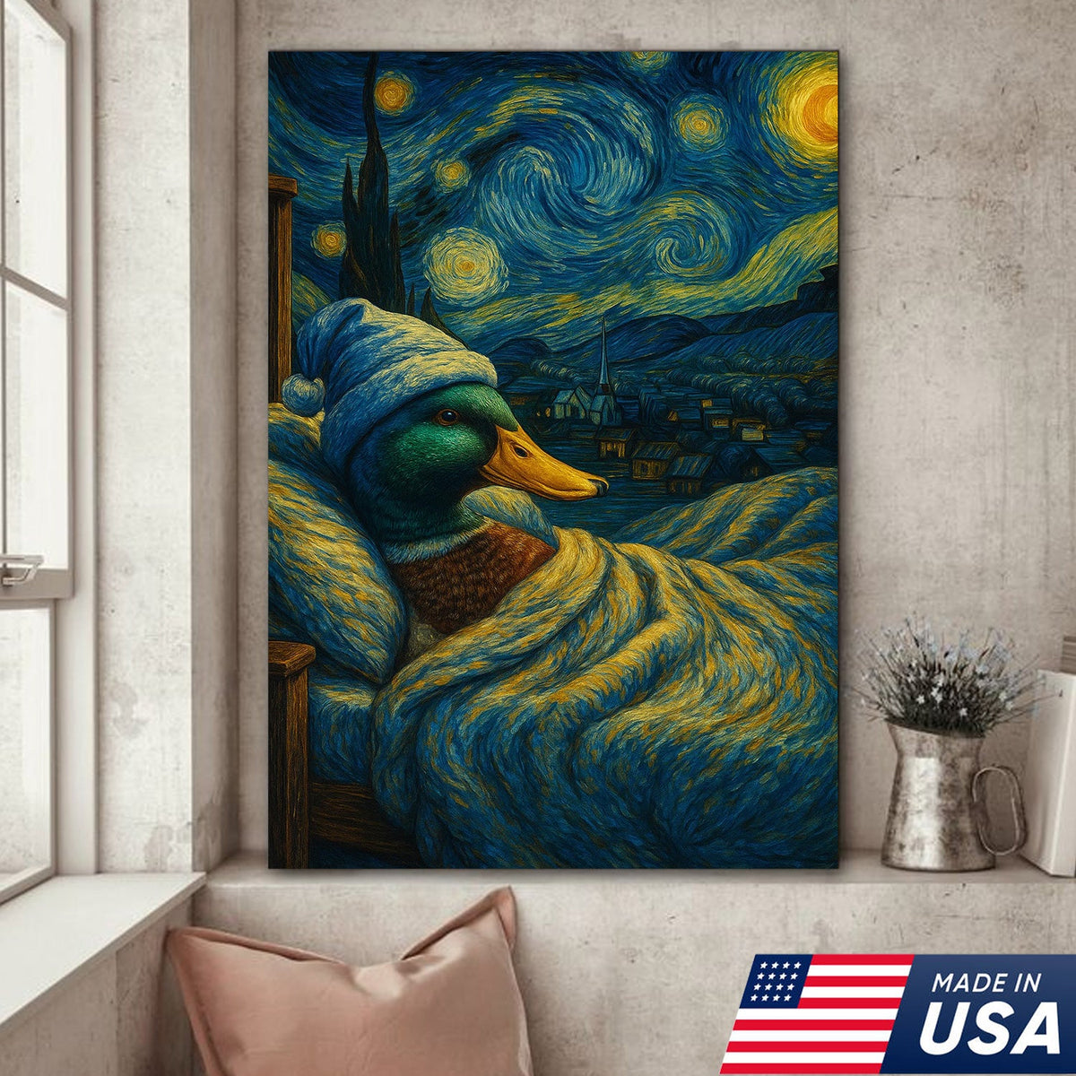 Starry Night Duck Canvas – Funny Van Gogh Parody with Cozy Duck in Bed