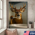 Deer Canvas Wall Art – Funny Buck Brushing Teeth Unique Bathroom Decor for Hunters