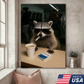 Cool Raccoon Laundromat Canvas Wall Art, Funny Coffee Drinking Raccoon Print