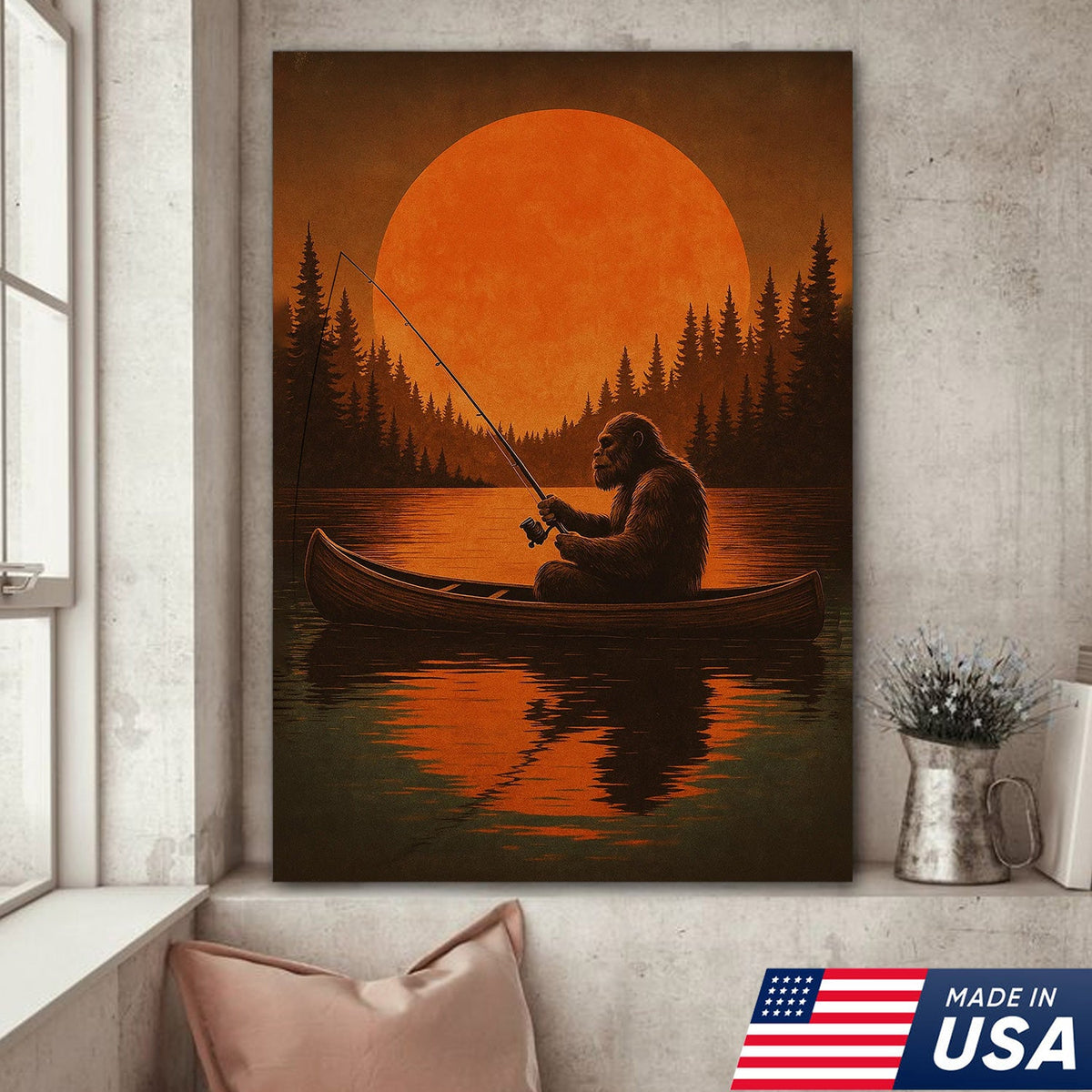 Funny Bigfoot Fishing Wall Art – Sasquatch Canoe Sunset Canvas for Anglers, Hunters