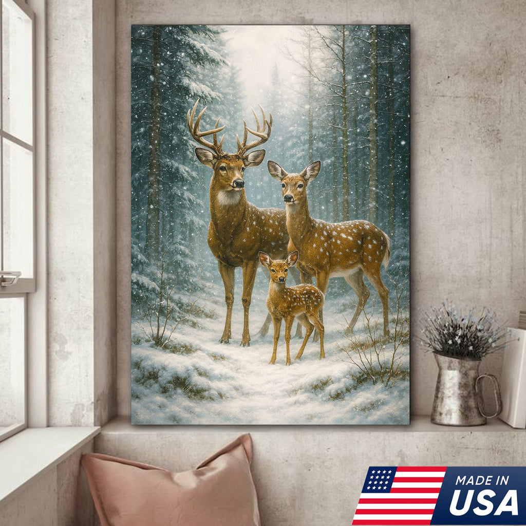 Deer Family Winter Forest Wall Art Canvas – Christmas Wildlife Gift for Nature Lovers & Cabin Homes