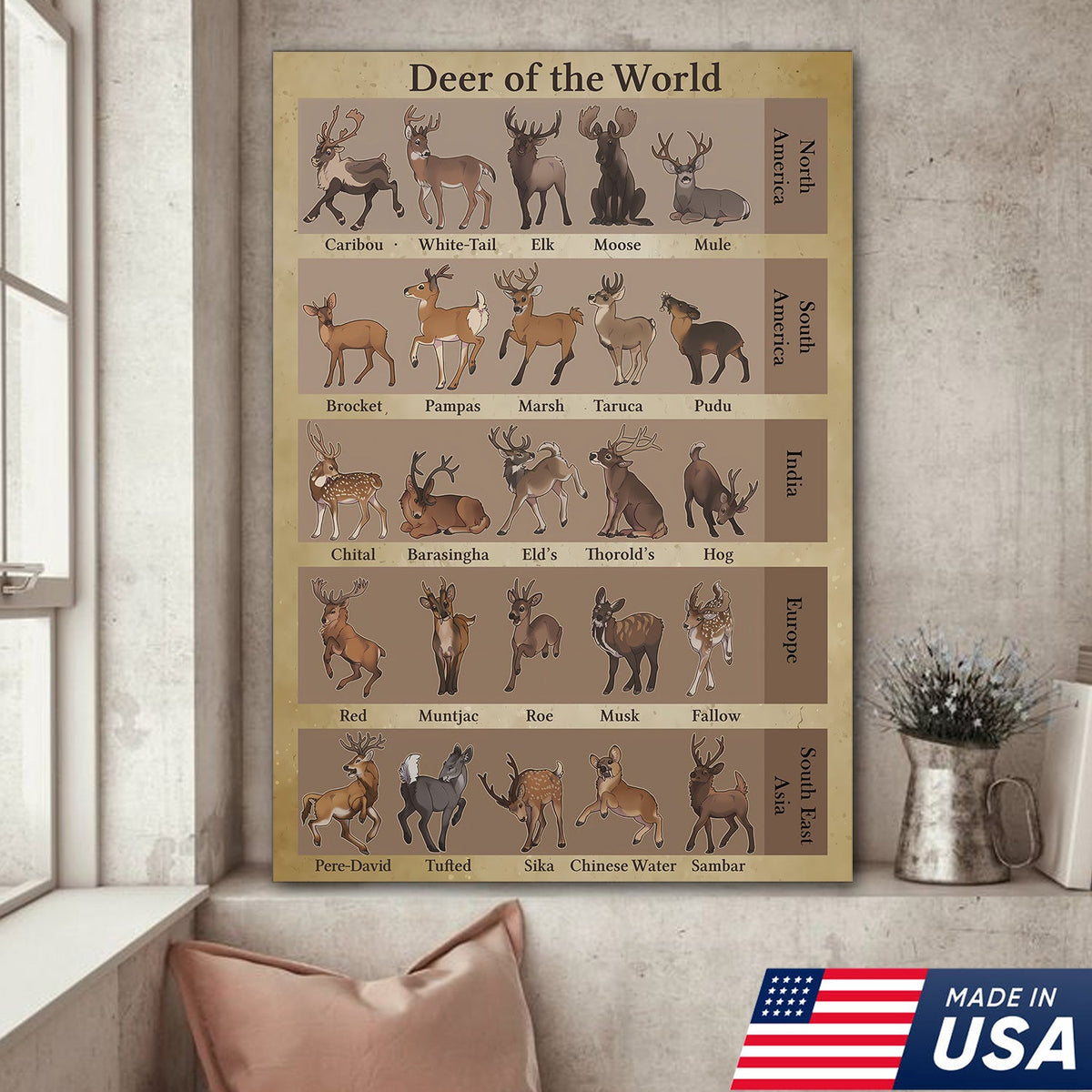 Deer of the World Canvas, Deer Species Educational Chart Wall Art, Kids Classroom & Wildlife Decor