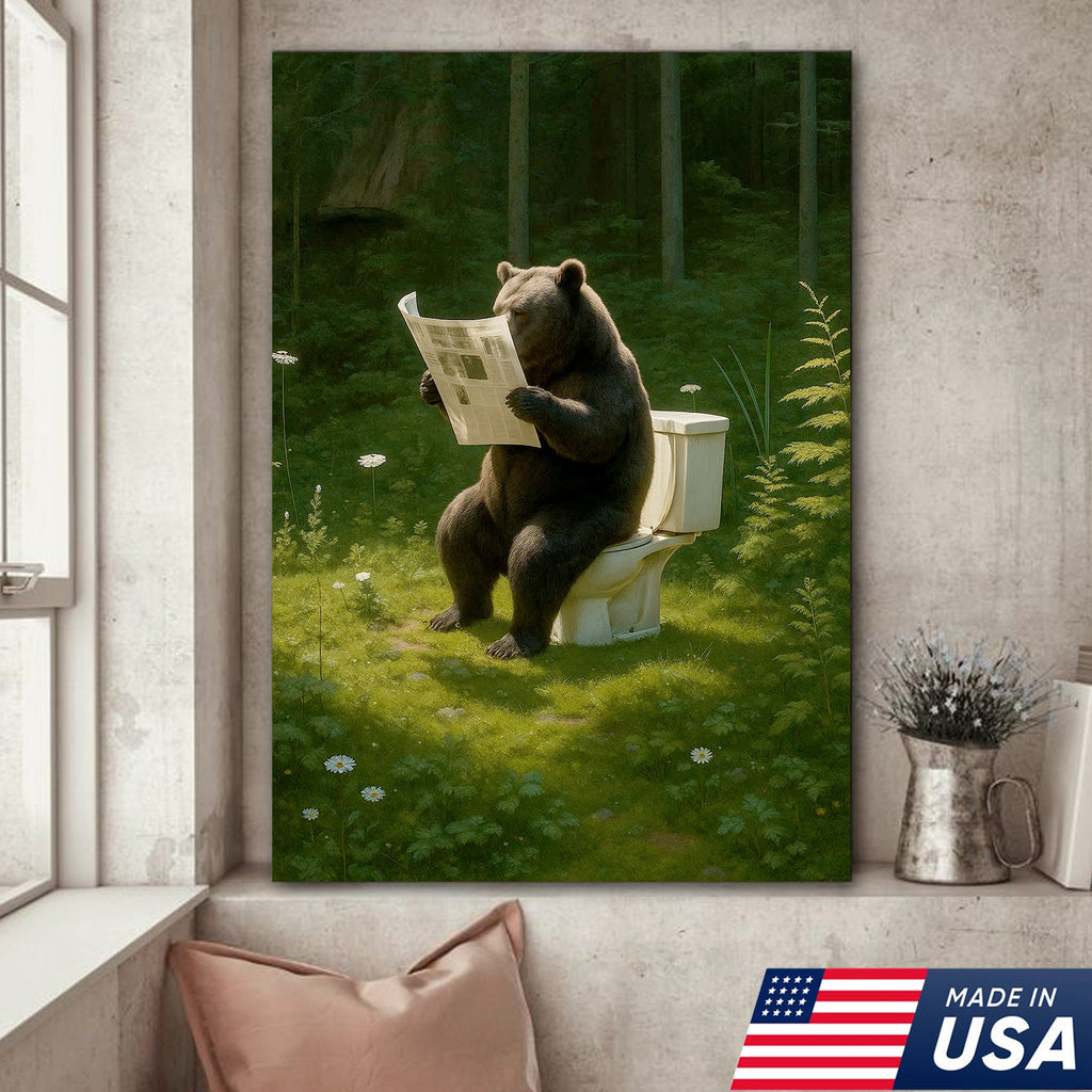 Bear on Toilet Reading Newspaper Canvas Wall Art, Funny Bathroom Decor for Cabin & Lodge