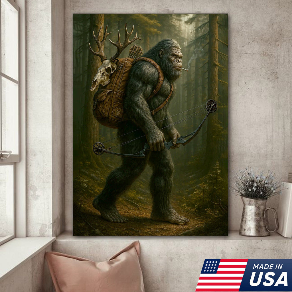 Bigfoot Hunter Canvas, Forest Archery Wall Art, Rustic Woodland Decor for Outdoor Adventure Lovers