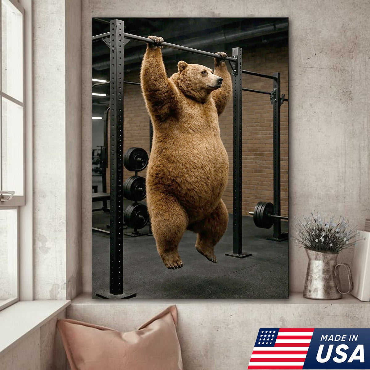 Strong Bear Gym Canvas Wall Art – Realistic Animal Workout Print