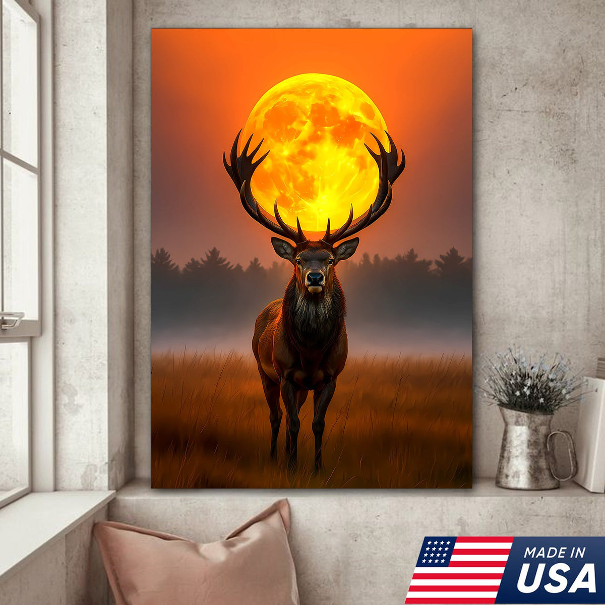 Majestic Elk Full Moon Canvas Wall Art – Hunting Cabin Decor Gift for Hunters