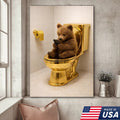 Funny Bear on Golden Toilet Canvas Wall Art, Cute Animal Bathroom Humor Illustration