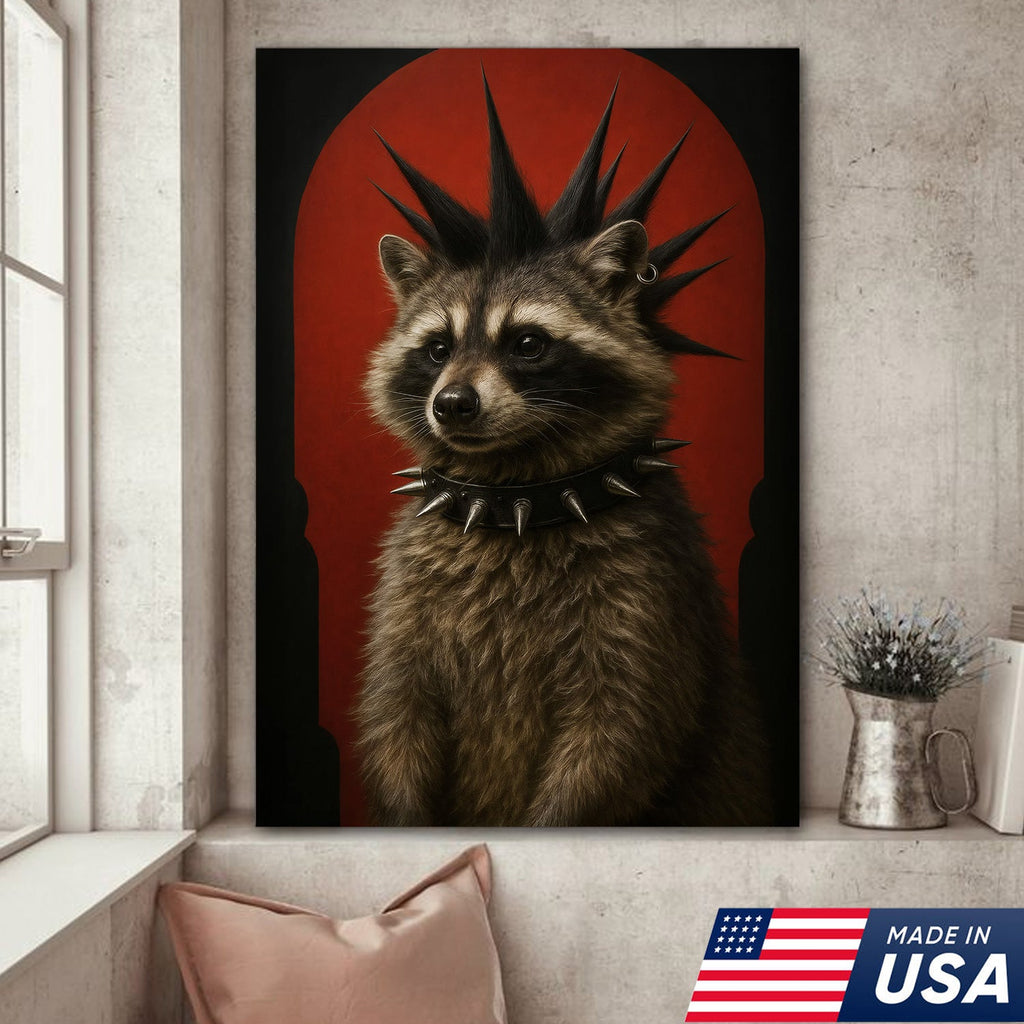Punk Raccoon Canvas Wall Art, Spiked Mohawk Animal Portrait, Gothic Aesthetic Room Decor