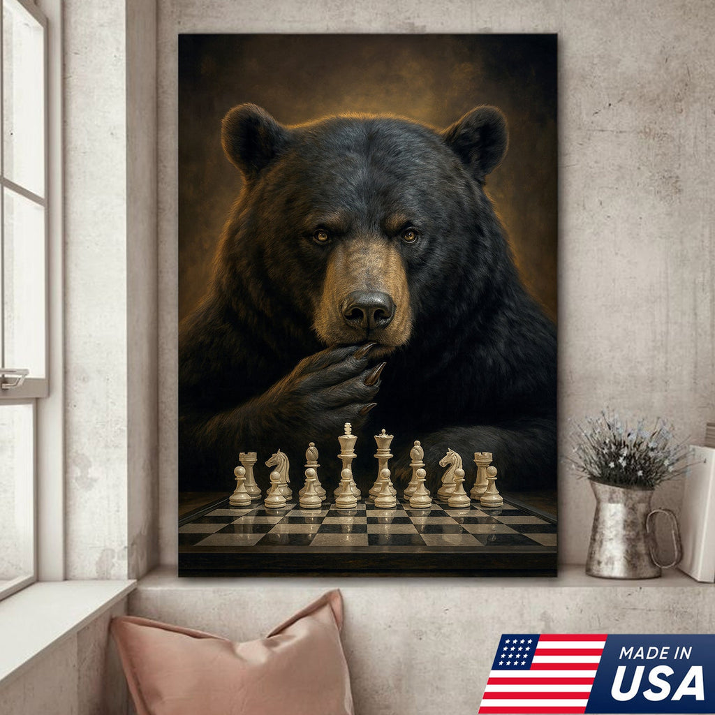 Chess Master Bear Wall Art Canvas – Strategic Bear Canvas Print for Man Cave & Smart Decor