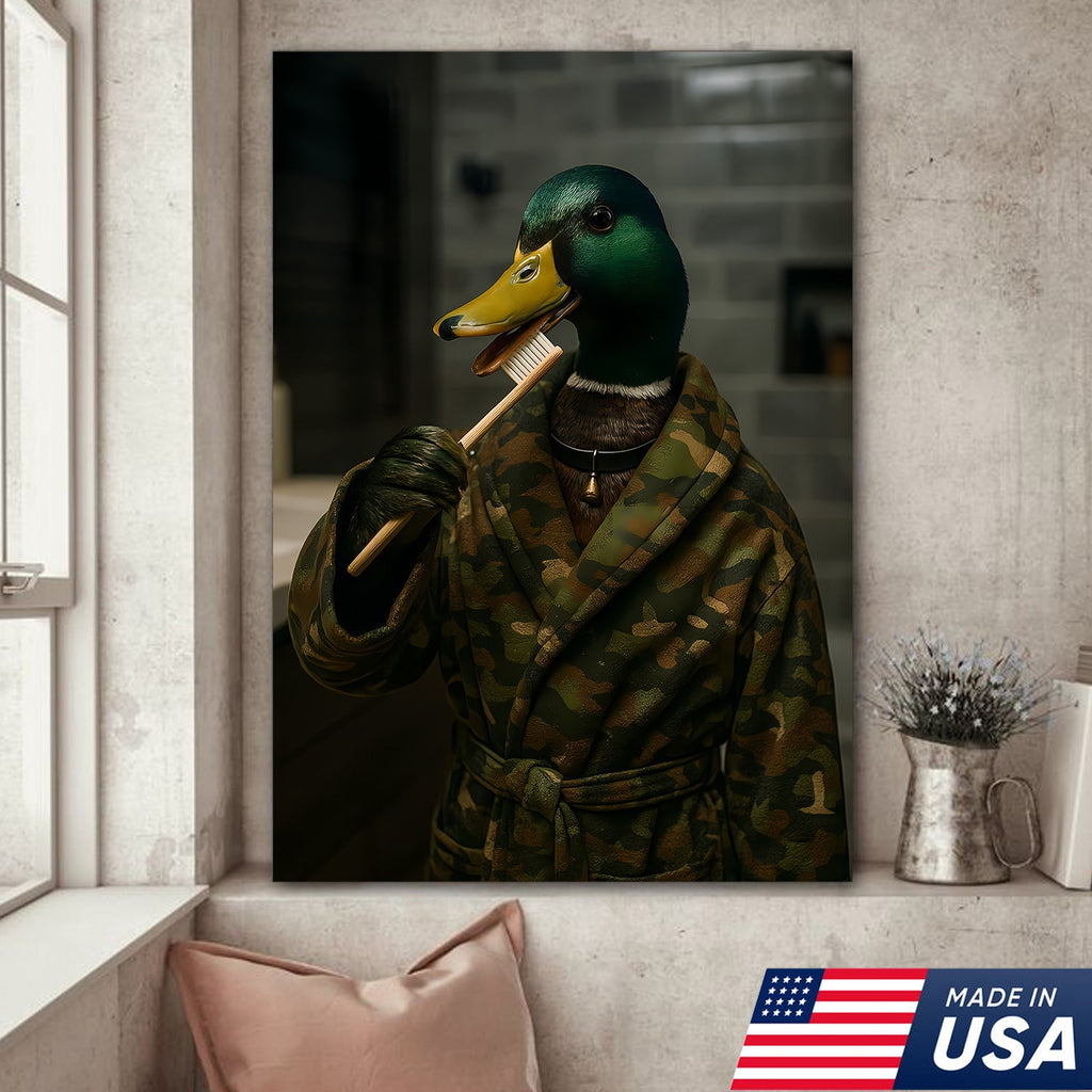 Funny Duck Brushing Teeth Canvas – Bathroom Wall Art for Men, Morning Routine Humor Decor