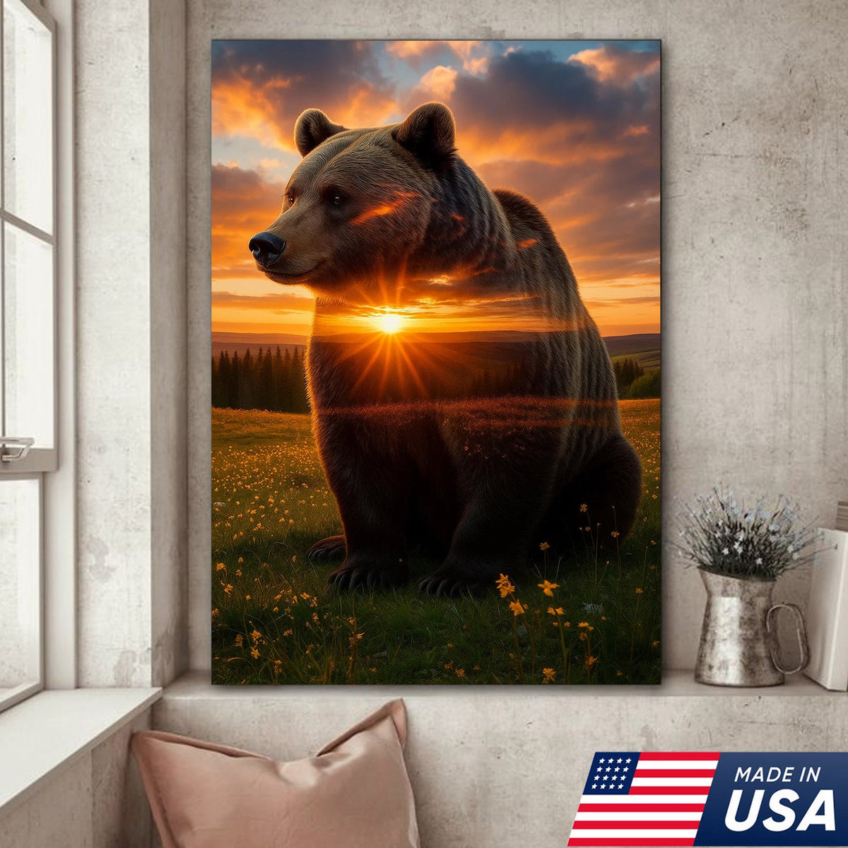 Sunset Bear Canvas Wall Art, Majestic Brown Bear Nature Landscape Print